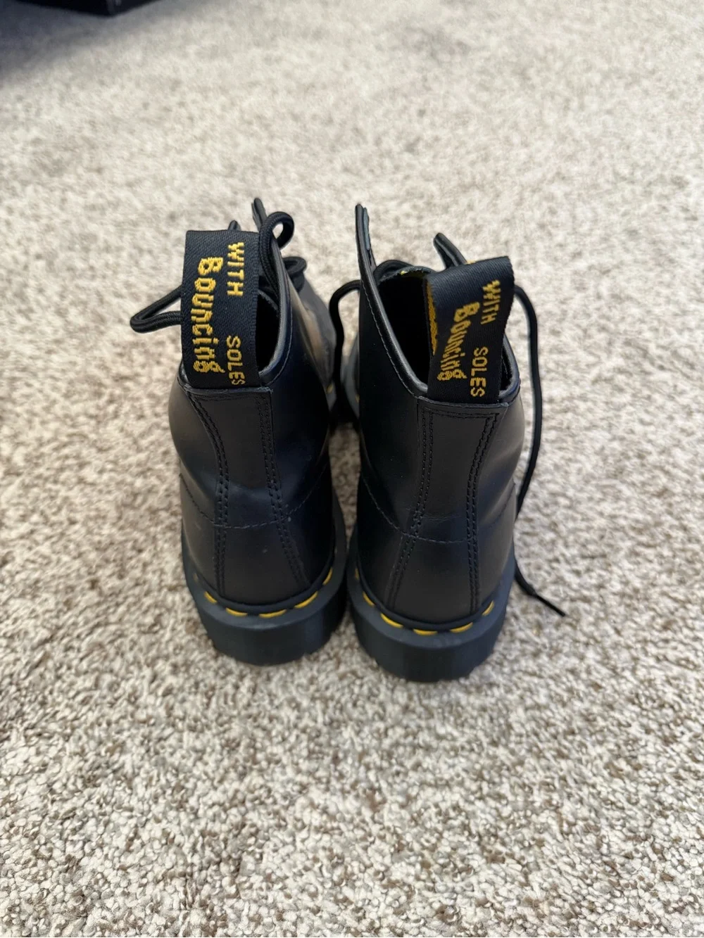 Dr. Martens Black Leather 6-Eye Lace-Up Boots with Yellow Stitching